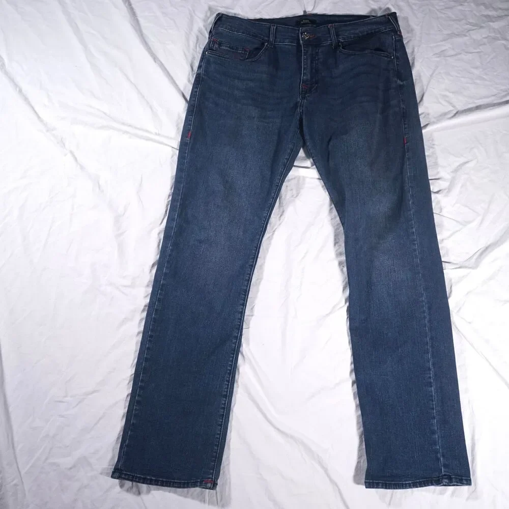 True Religion Ricky Jeans Relaxed Straight Blue Red Stitch Mens 36 36x34